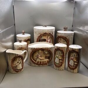 VTG 1978 Sears Pioneer Woman 4 Canisters NapHold Salt N Pepper Cream Cottagecore